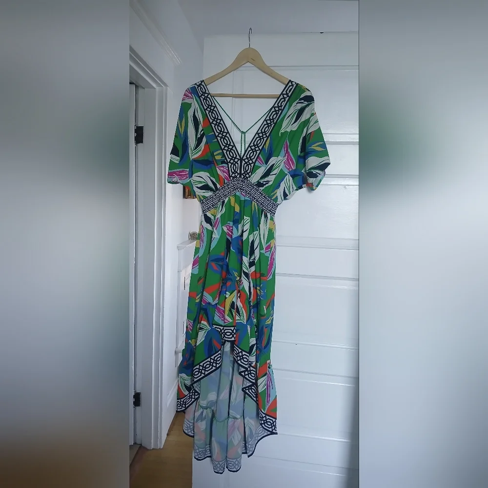 Flying Tomato Dress V-Neck Hi-Lo Floral Elasticized Waist Flowy Tropical Print - Picture 9 of 13